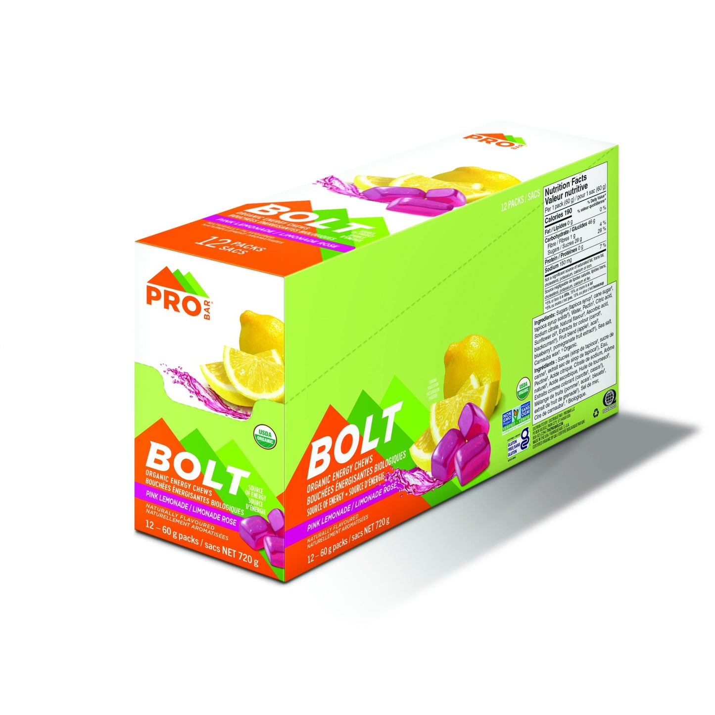 BOÎTE DE 12 UNITÉS DE BONBONS GÉLIFIÉS ÉNERGÉTIQUES PROBAR BOLT SAVEUR LIMONADE ROSE