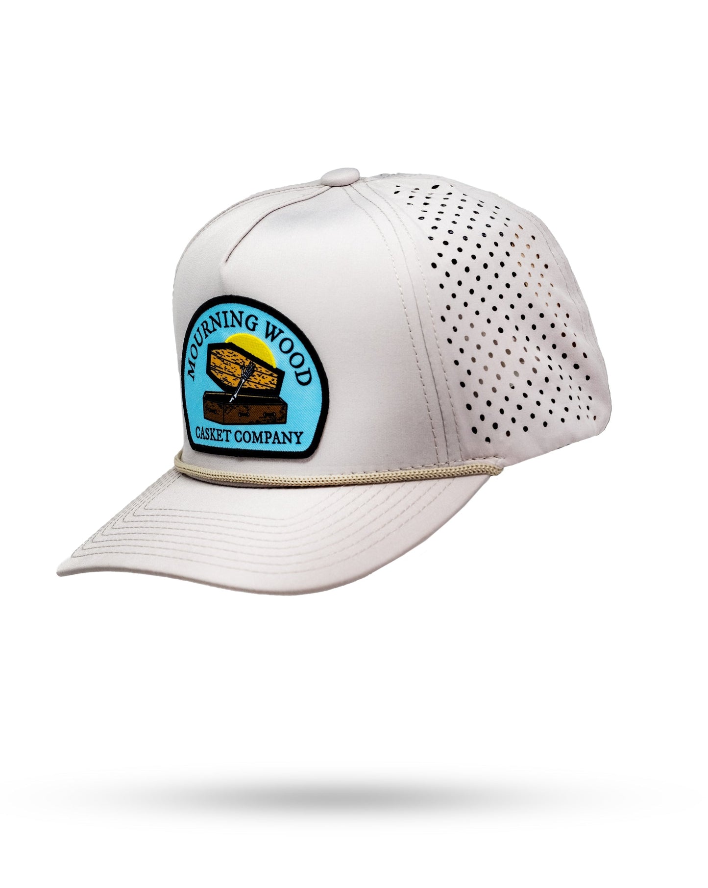 Perforated Rope Hat in Mourning Wood and Bone colors, featuring a stylish design with a rope band.