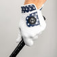 Premium Tour Glove featuring a white base with a navy star pattern and a spade logo, designed for stylish golfers.