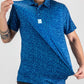 Men's blue polo shirt featuring a playful TMNT doodle pattern, showcasing a vibrant design perfect for golf enthusiasts.