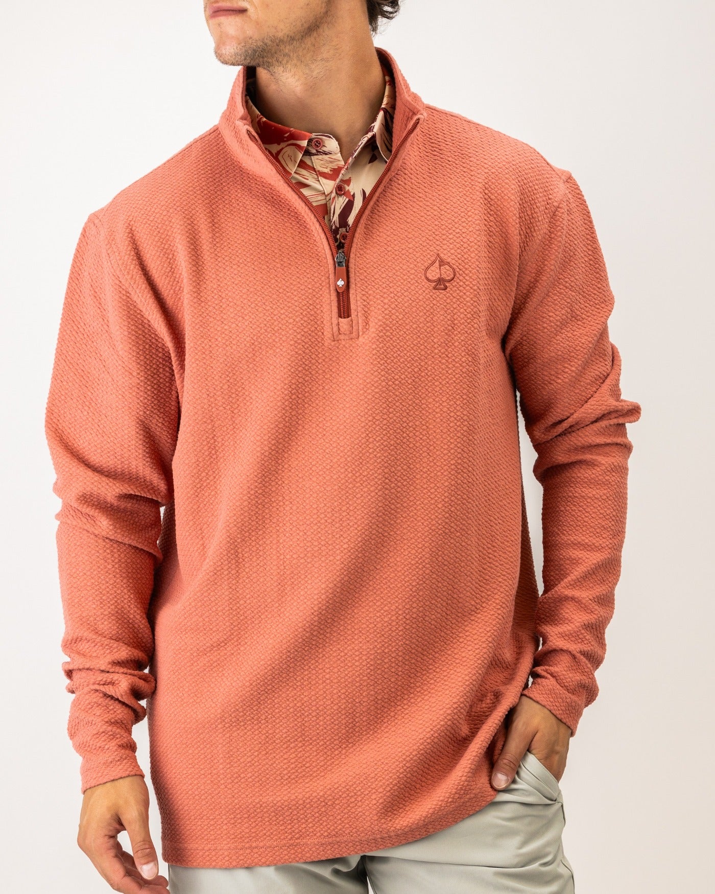 Terracotta Player Preferred Waffle Knit Pullover featuring a half-zip design and logo, ideal for stylish golf outings.