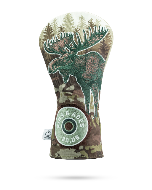 Moose driver cover featuring a detailed moose design on a camo background, perfect for golfers seeking unique style.
