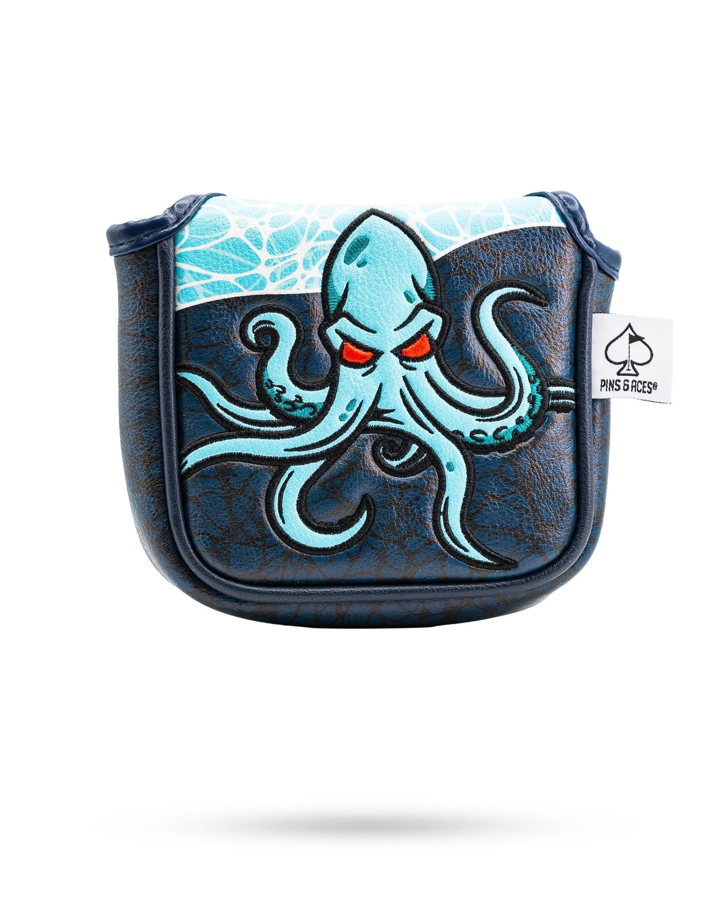 Bold Kraken mallet putter cover featuring an octopus design with striking red eyes and intricate detailing. Perfect for golfers.