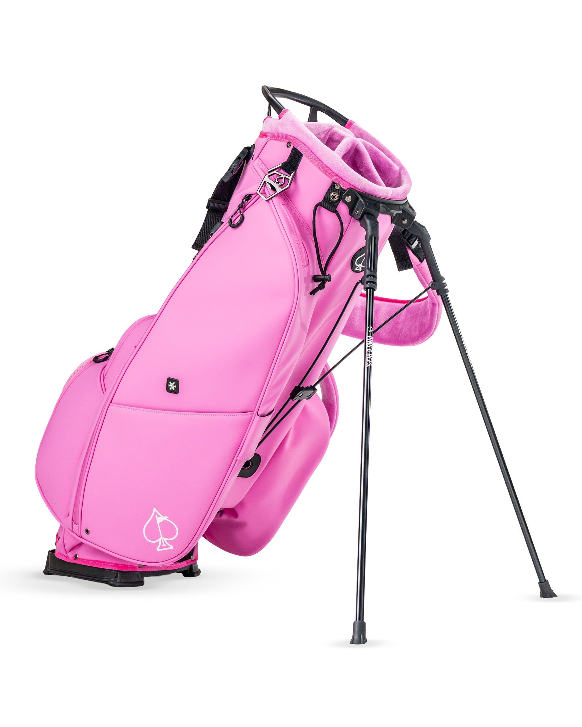 Bold pink Player Preferred Golf Bag with a sleek design and sturdy stand, perfect for stylish golfers on the course.