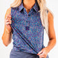 Women's sleeveless lavender floral golf shirt featuring a button-up design and a stylish logo on the front.