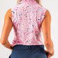 Women's pink sleeveless golf top featuring a vibrant splatter design, perfect for stylish performance on the course.