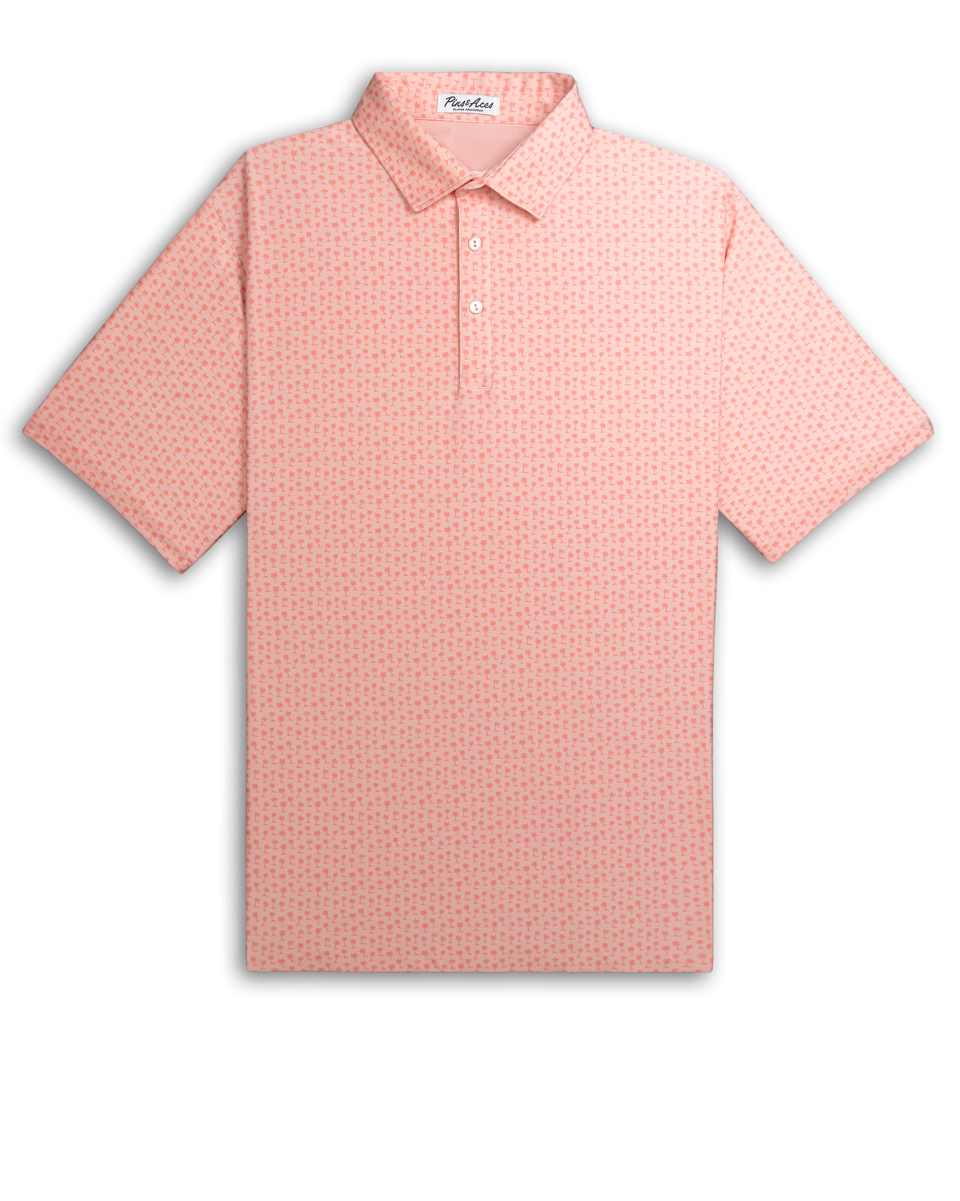 Player Preferred™ Polo in Coral Palms design featuring a vibrant coral color with palm leaf patterns on a smooth fabric background.