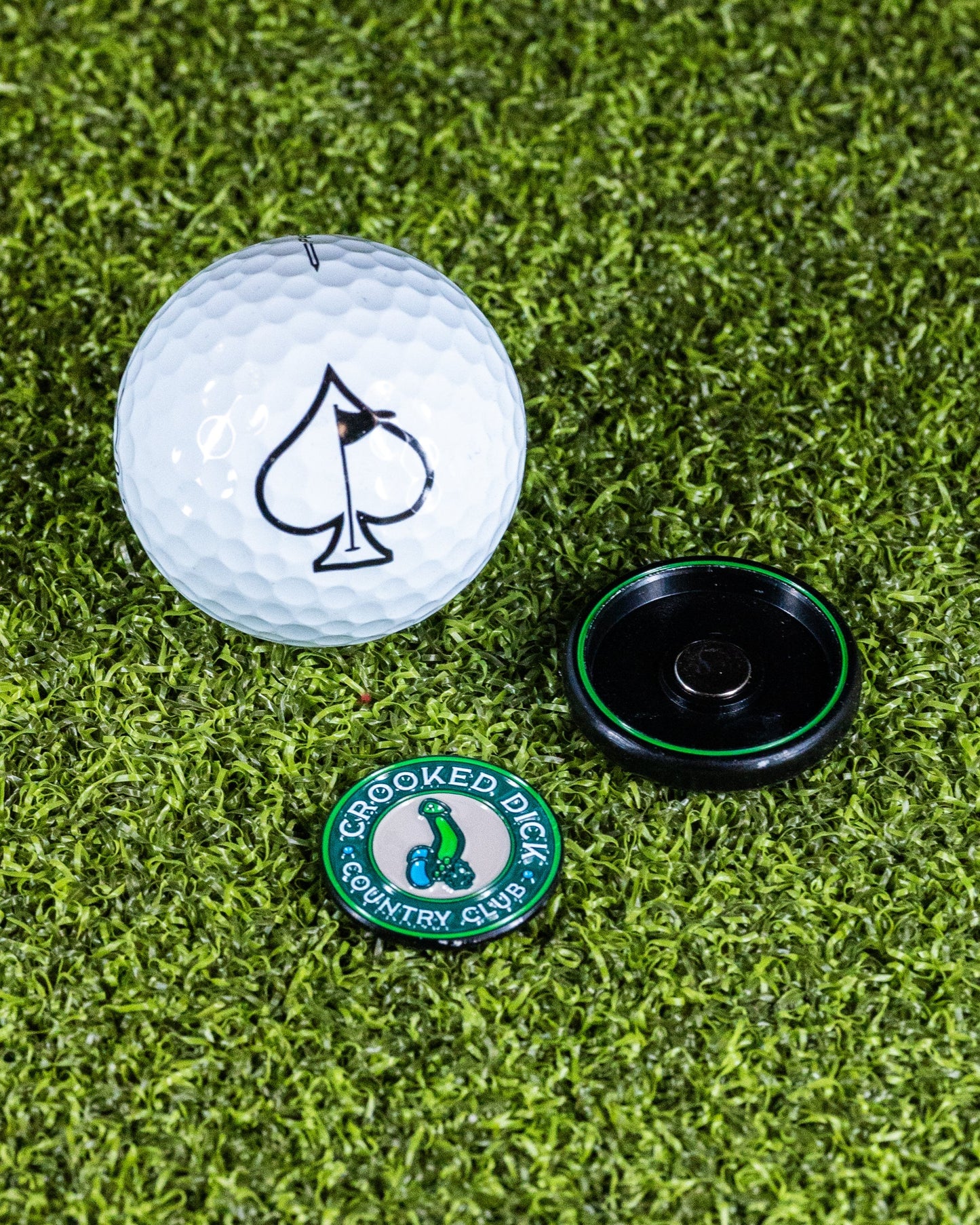 Pop Out Medallion Ball Marker featuring Crooked Dick design, displaying vibrant colors and intricate details. Ideal for golf enthusiasts.