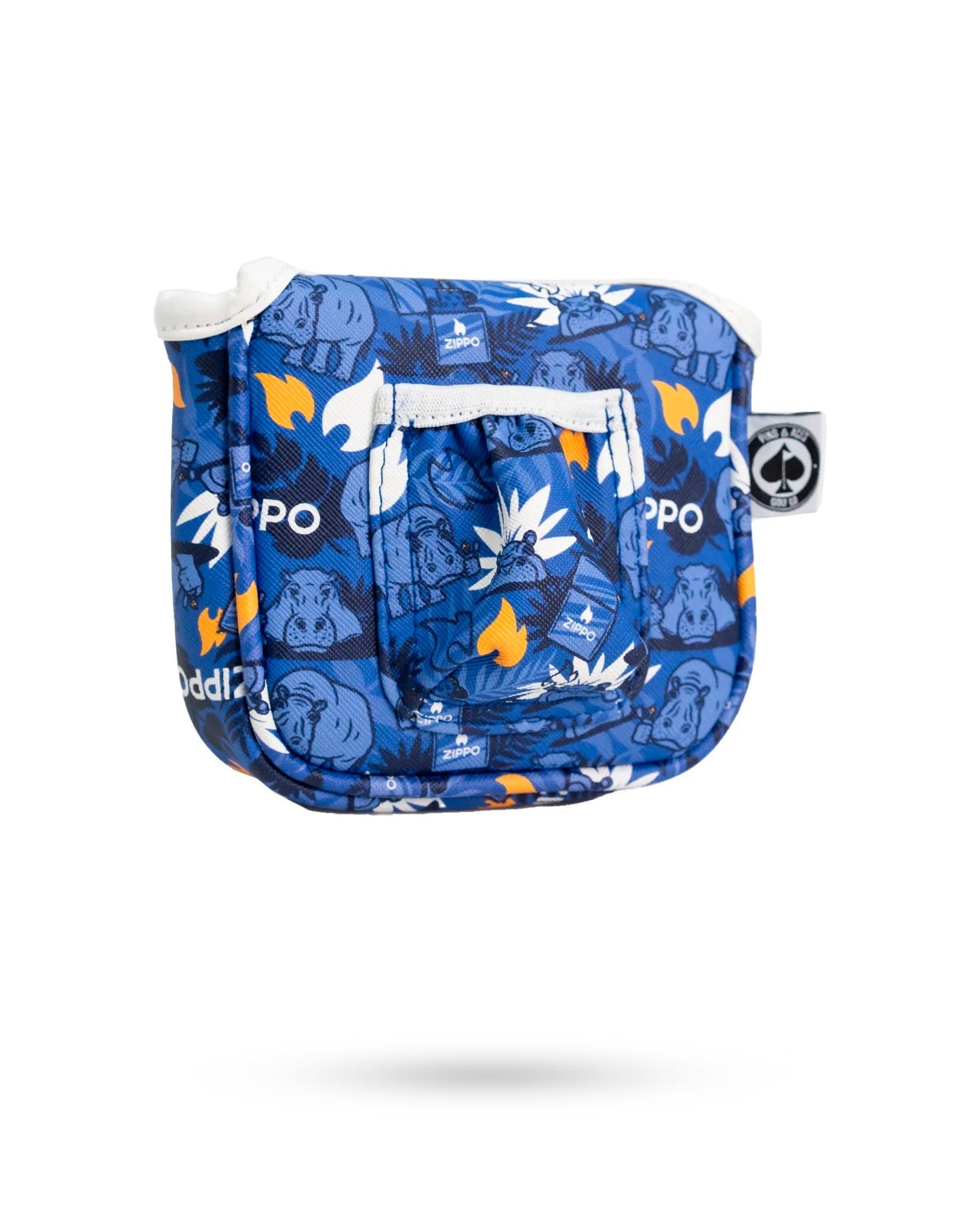 Blue Zippo mallet putter cover with cartoon animal and flame patterns, featuring zippered pocket and brand logo.