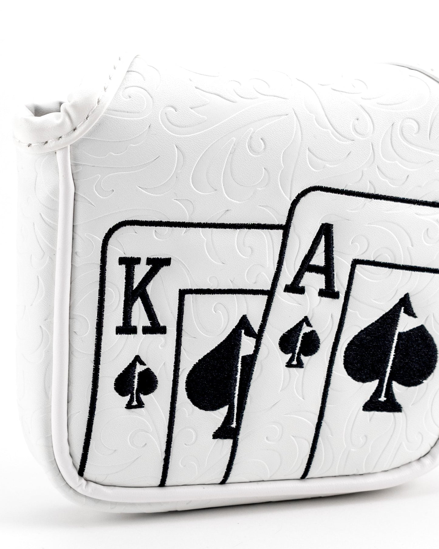 White Out Ace of Spades mallet putter cover with a sleek design, featuring a spade symbol and a secure fit for golf clubs.