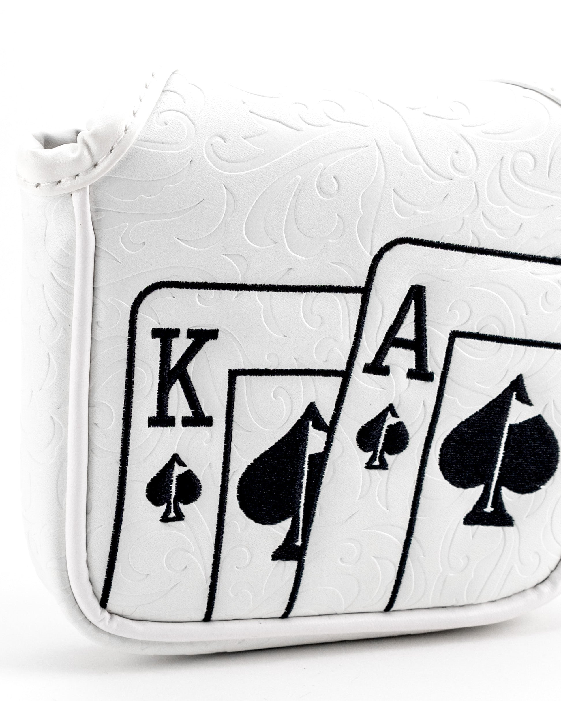 White Out Ace of Spades mallet putter cover with a sleek design, featuring a spade symbol and a secure fit for golf clubs.