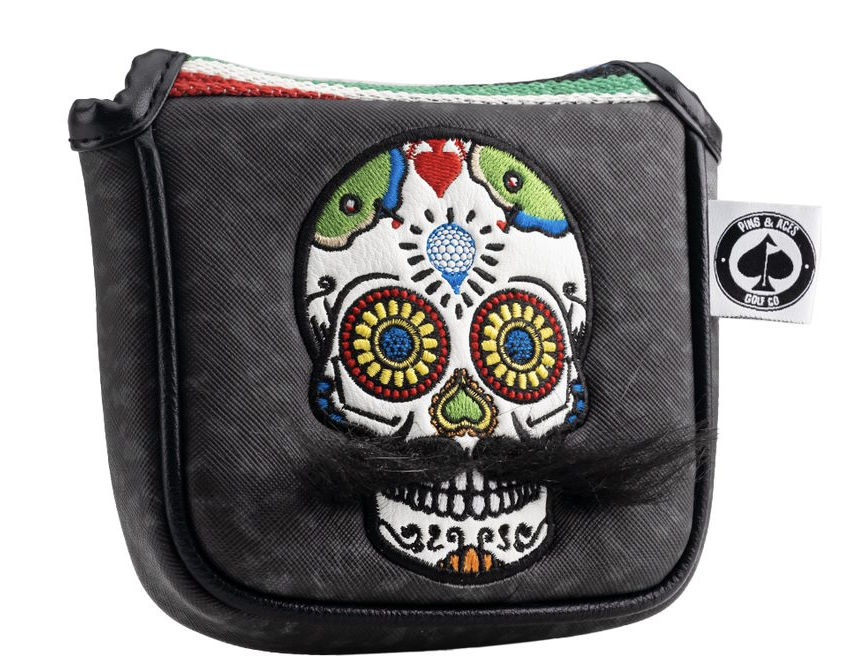 Gray camo mallet putter cover featuring a mustache sugar skull design.