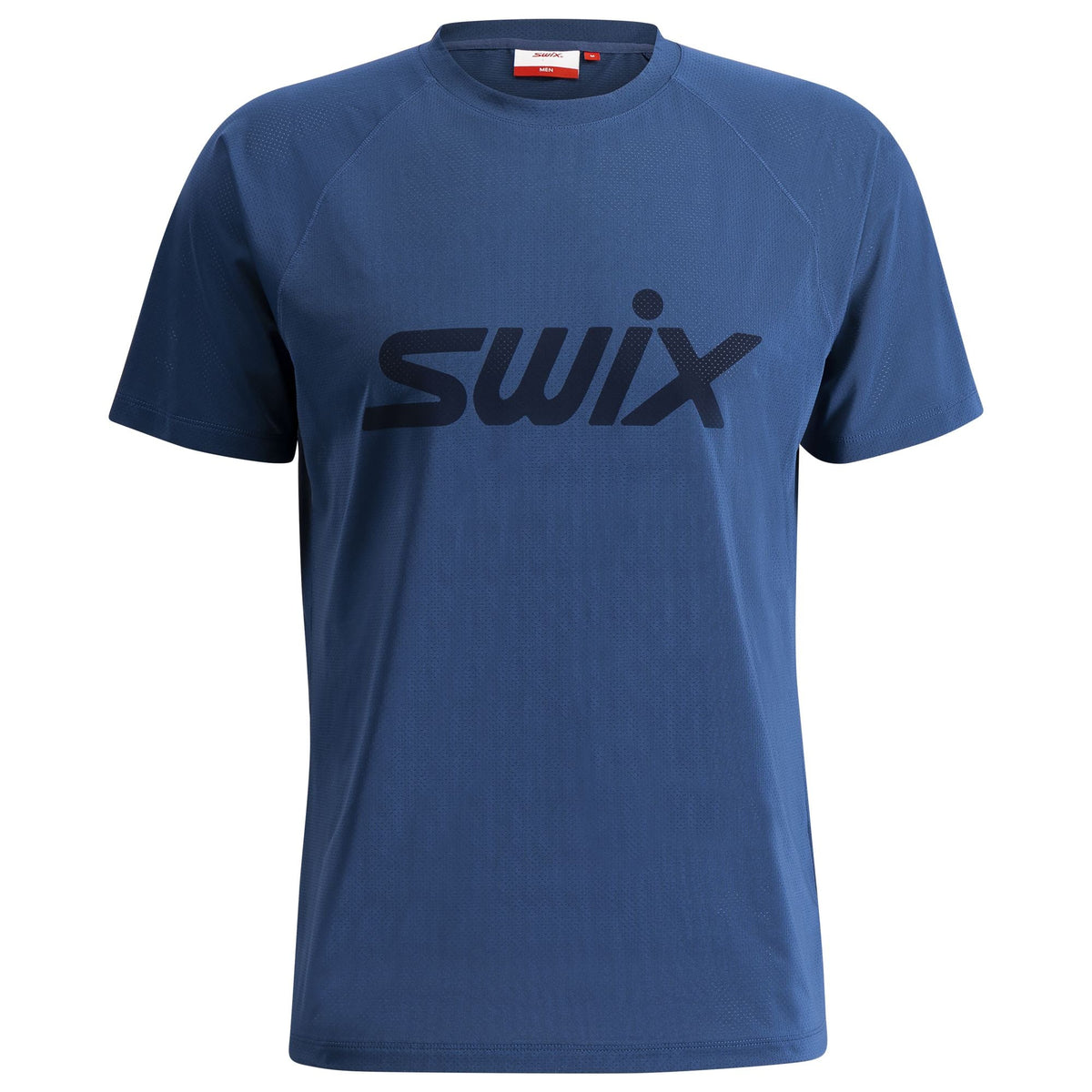 Blue t-shirt with 'Swix' logo on a white background