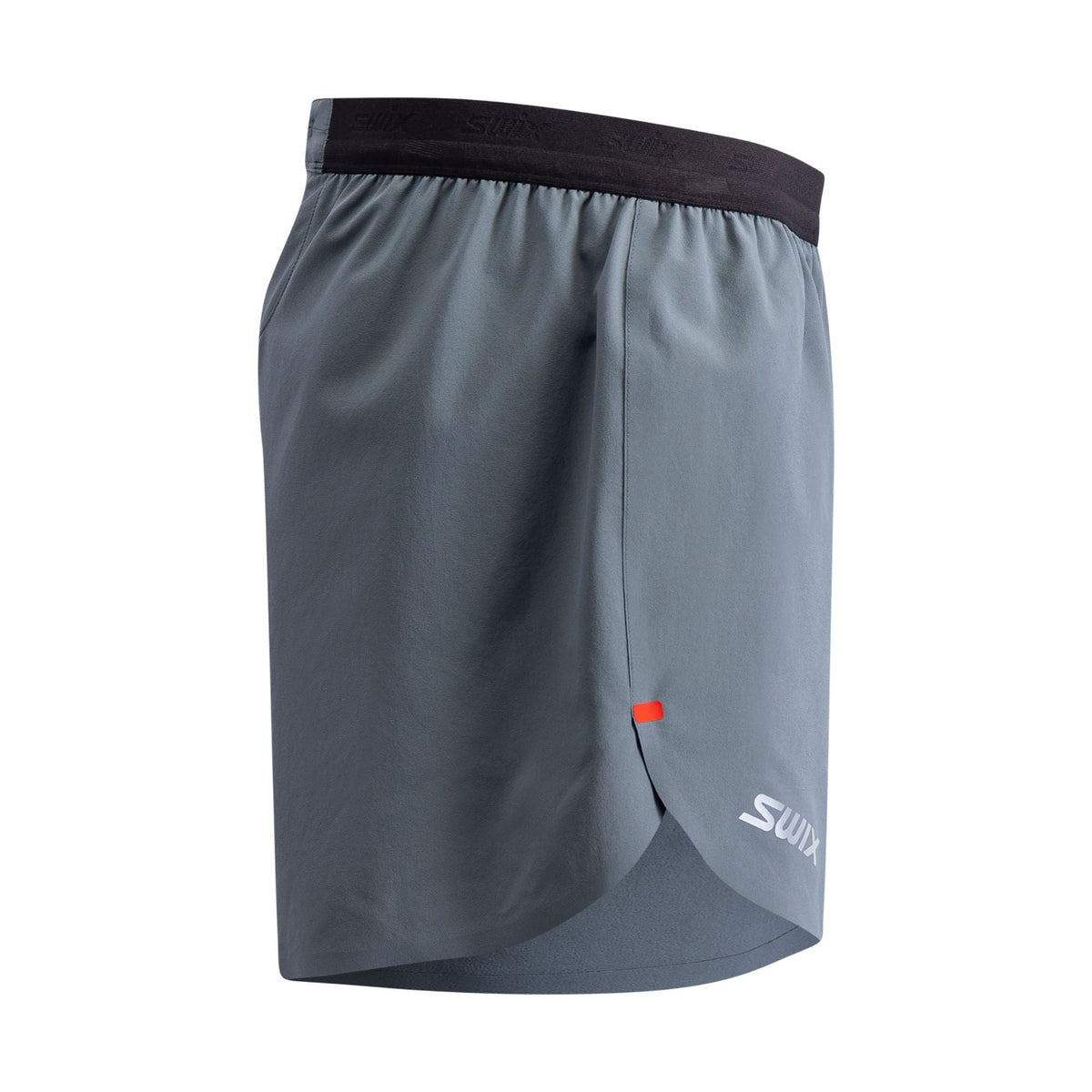 Gray athletic shorts with a black waistband on a white background