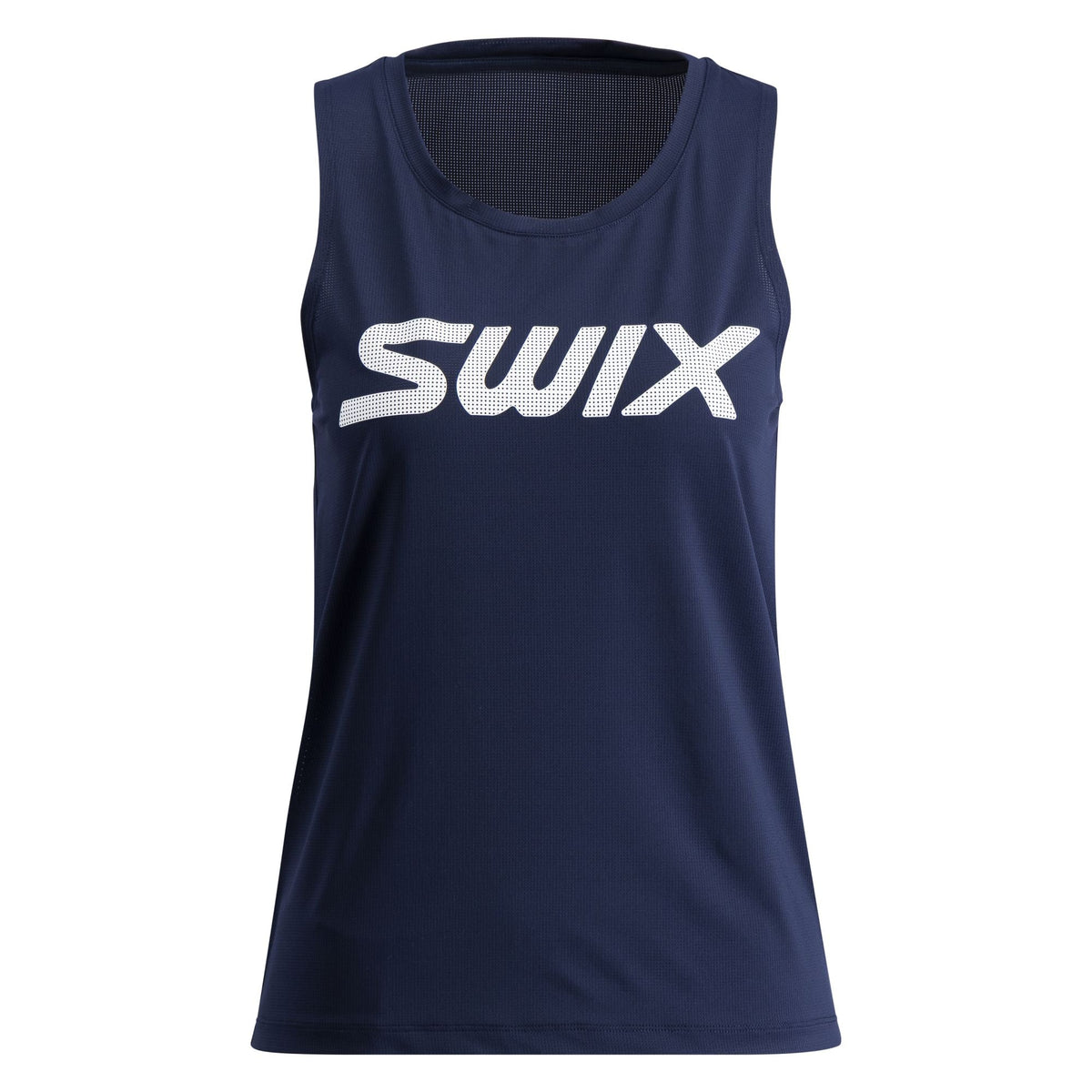 Navy tank top with 'Swix' logo on a white background