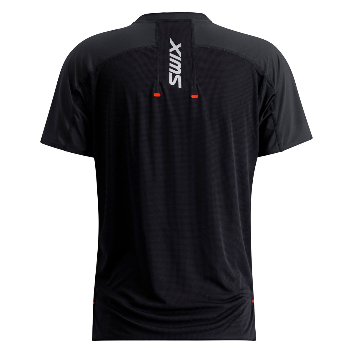Black t-shirt with a brand logo on the back against a white background