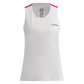 White sleeveless athletic top with red accents and branding on a white background