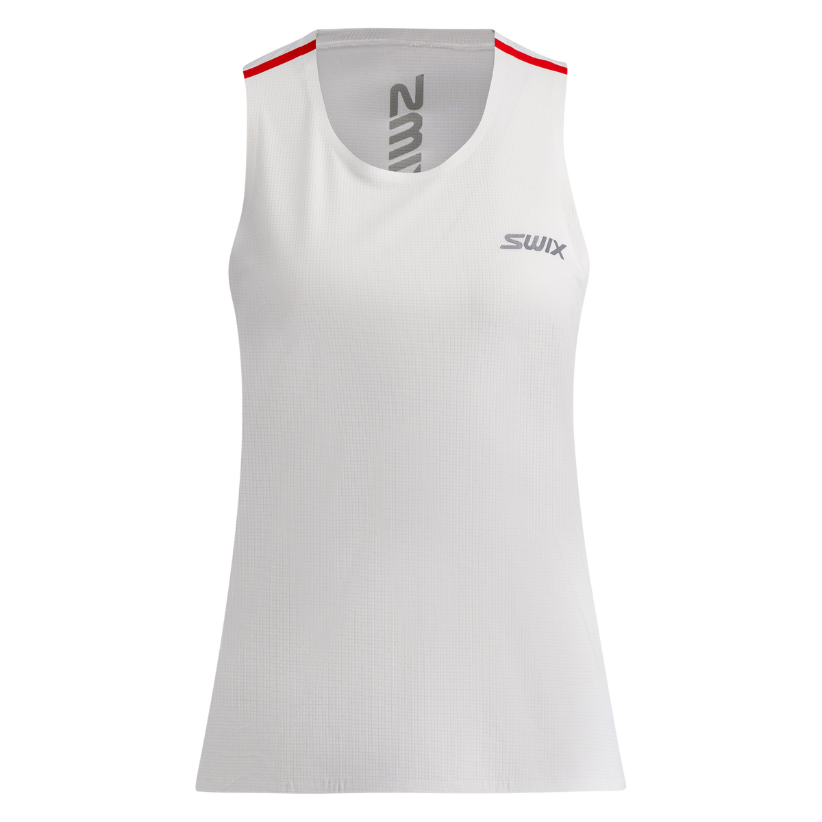 White sleeveless athletic top with red accents and branding on a white background
