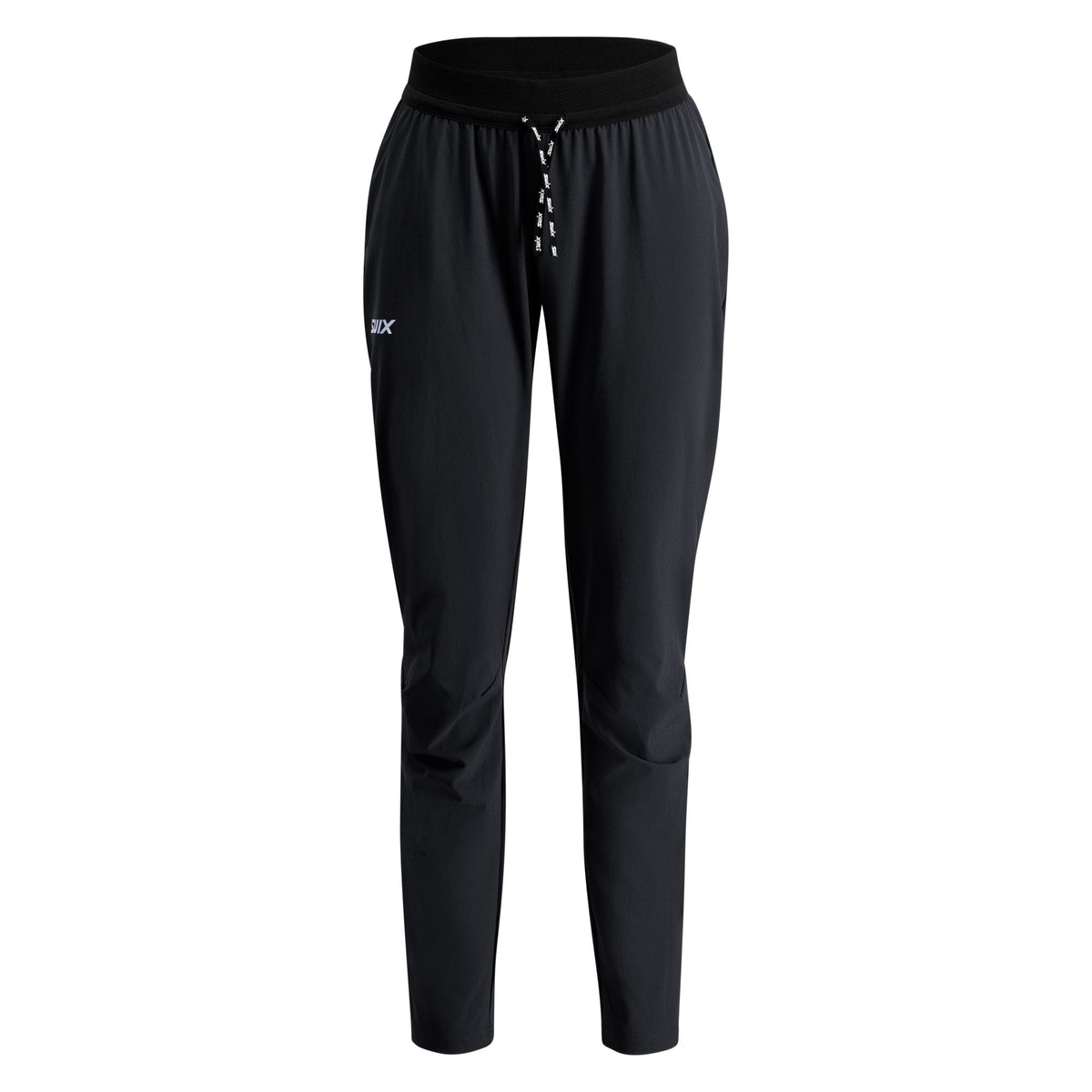 Black pants with a brand logo on a white background