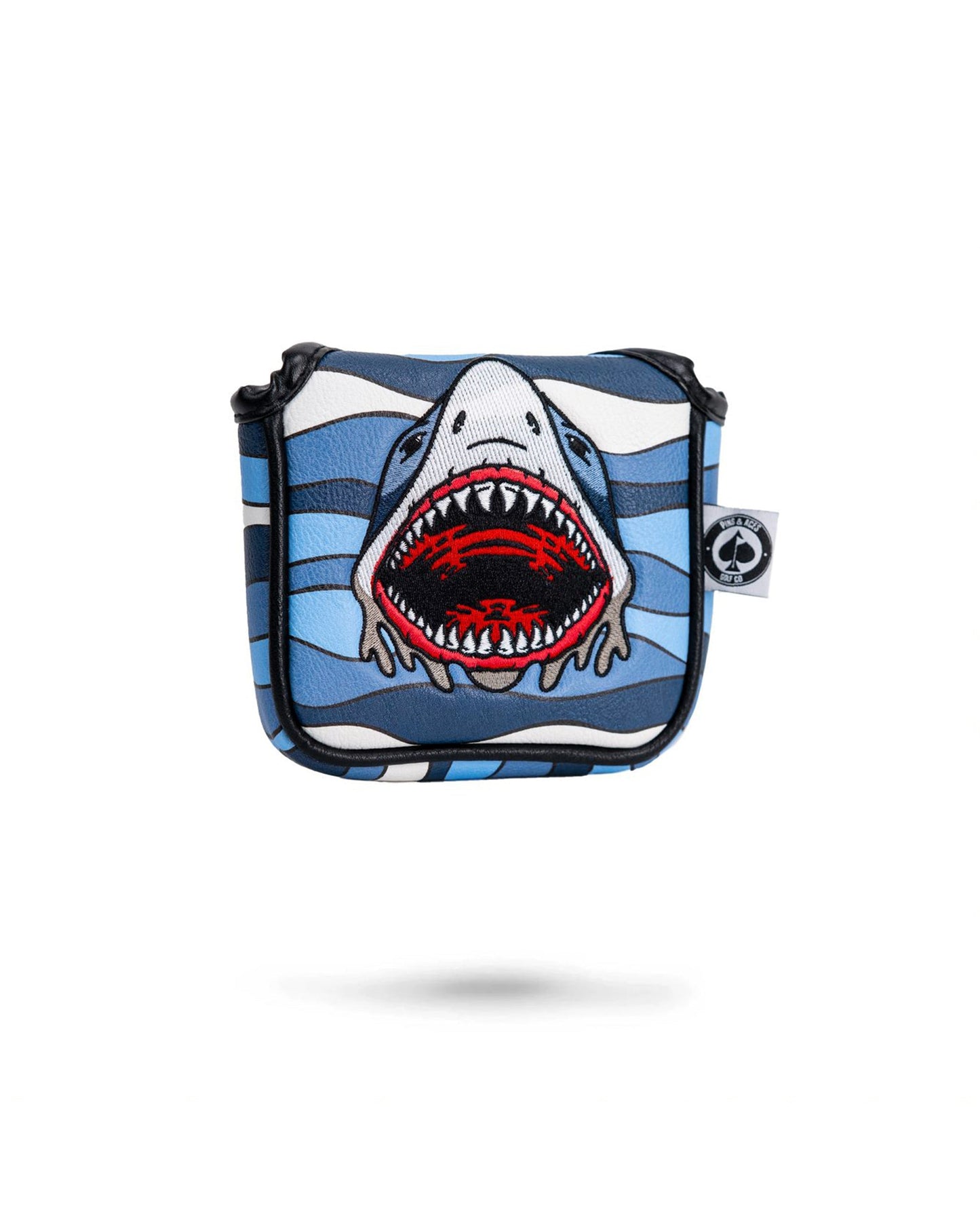 Shark Attack mallet cover featuring a vibrant shark design on a blue background.