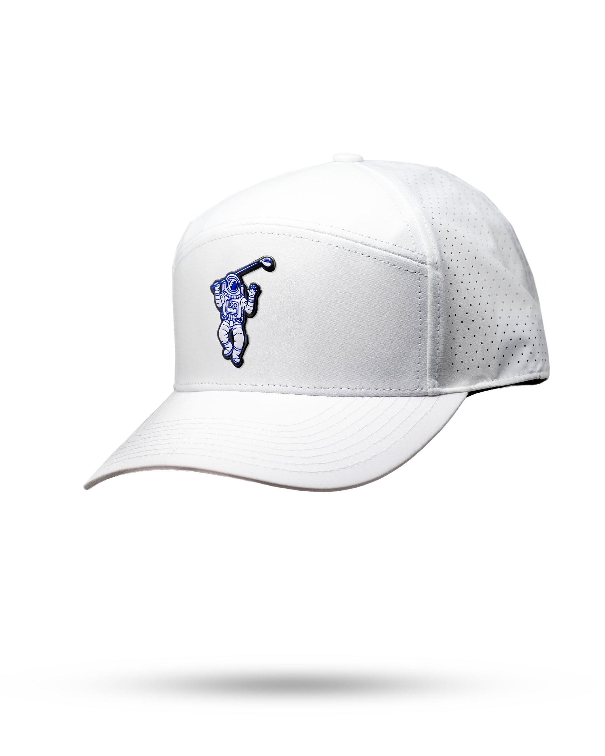 White Tradesman Hat featuring Space Golfer design, front view.