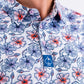 Hibiscus Harmony men's shirt featuring a vibrant floral pattern in bold colors on a light background.