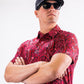 Men's Garden Party shirt featuring a vibrant crimson bloom floral pattern on a light background.