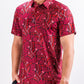 Crimson floral print shirt from the Garden Party collection, featuring short sleeves and a relaxed fit, set against a light background.