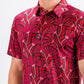 Garden Party Crimson Bloom men's shirt featuring a vibrant floral pattern in shades of red and green.