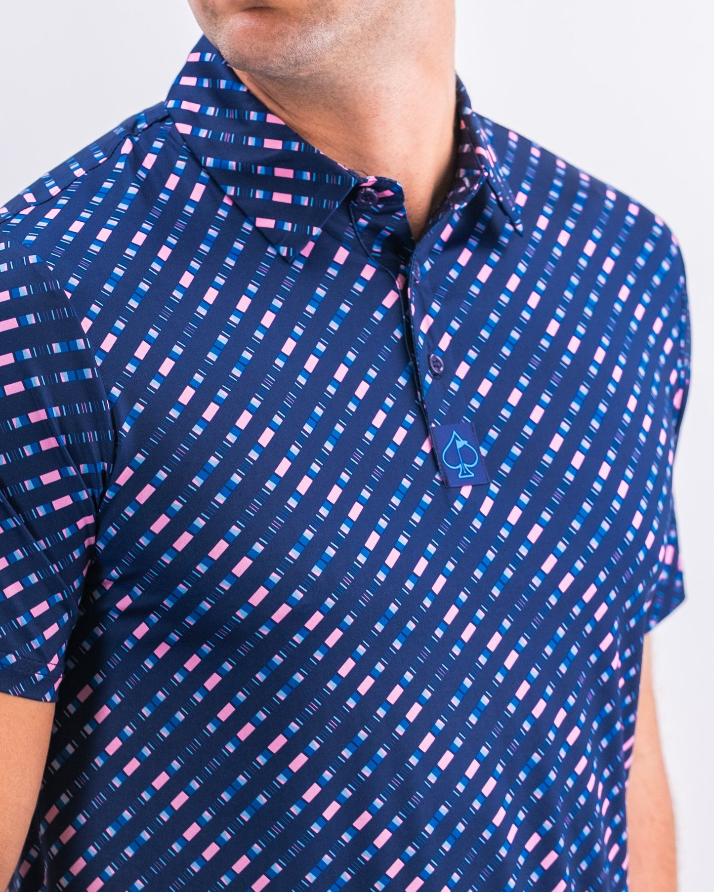 Men's Chromo Blue short-sleeve shirt on a light background, featuring a modern fit and stylish design.