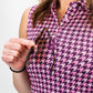 Women's houndstooth pattern dress in raspberry color, featuring a fitted silhouette and cap sleeves.