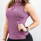 Women's houndstooth raspberry-patterned dress with short sleeves and a fitted silhouette.