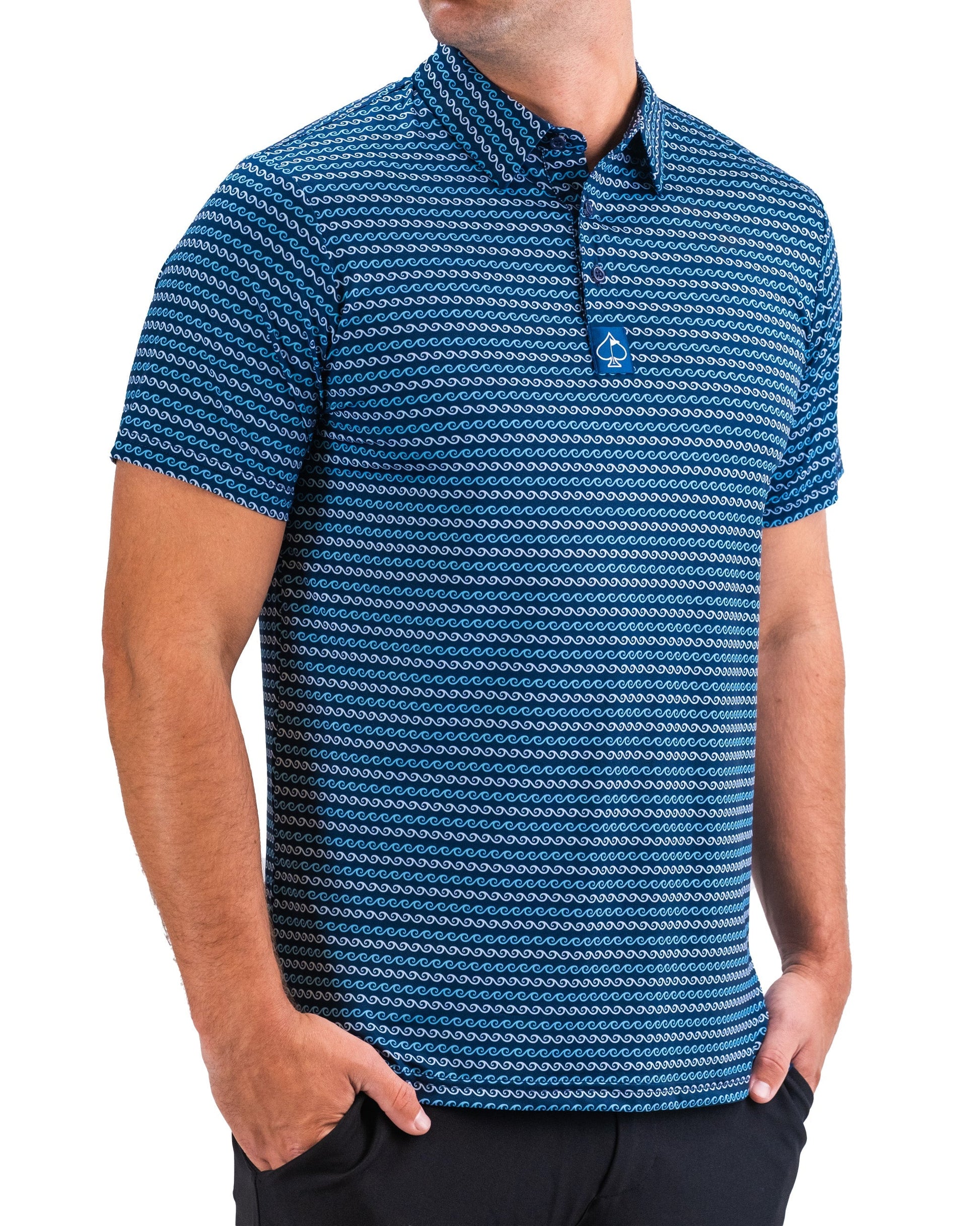 Men's fashion outfit featuring a stylish light blue button-up shirt and beige pants, set against a neutral background.