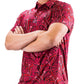 Garden Party Crimson Bloom men's shirt featuring vibrant floral patterns on a light background.