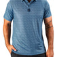 Men's blue polo shirt with a squiggle pattern, featuring a classic collar and a logo on the chest, perfect for golf.