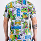 TMNT comic strip graphic polo shirt featuring colorful Teenage Mutant Ninja Turtles artwork.