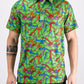 TMNT Mean Green polo shirt featuring colorful turtle head graphics on a vibrant green background.