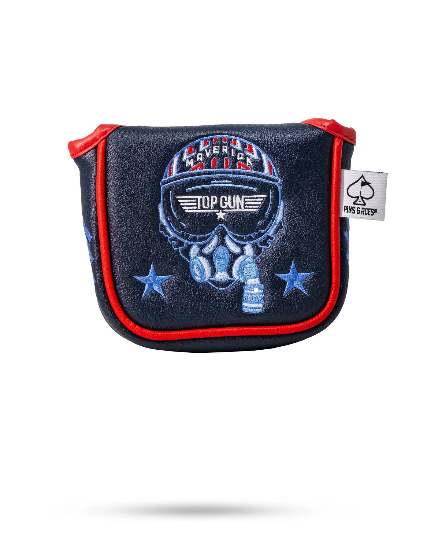 Top Gun Maverick themed golf mallet headcover with a pilot helmet design, stars, and red trim, by Pins and Aces.