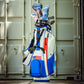 Golf bag with Top Gun Maverick themed blade headcover and golf accessories, standing on a wooden deck near a storage container.