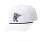 White perforated rope hat featuring a playful Mr. Transfusion graphic and "PINS" logo, perfect for stylish golfers.