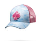 Cotton Candy Camo trucker hat featuring a blend of pastel pink and blue camouflage pattern with a breathable mesh back.