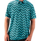Men's short-sleeve golf polo featuring a bold wavy checkered pattern in teal and blue, designed for standout style on the course.