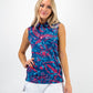 Women's Cabo Colada sleeveless dress featuring a vibrant tropical print, styled on a model against a bright backdrop.