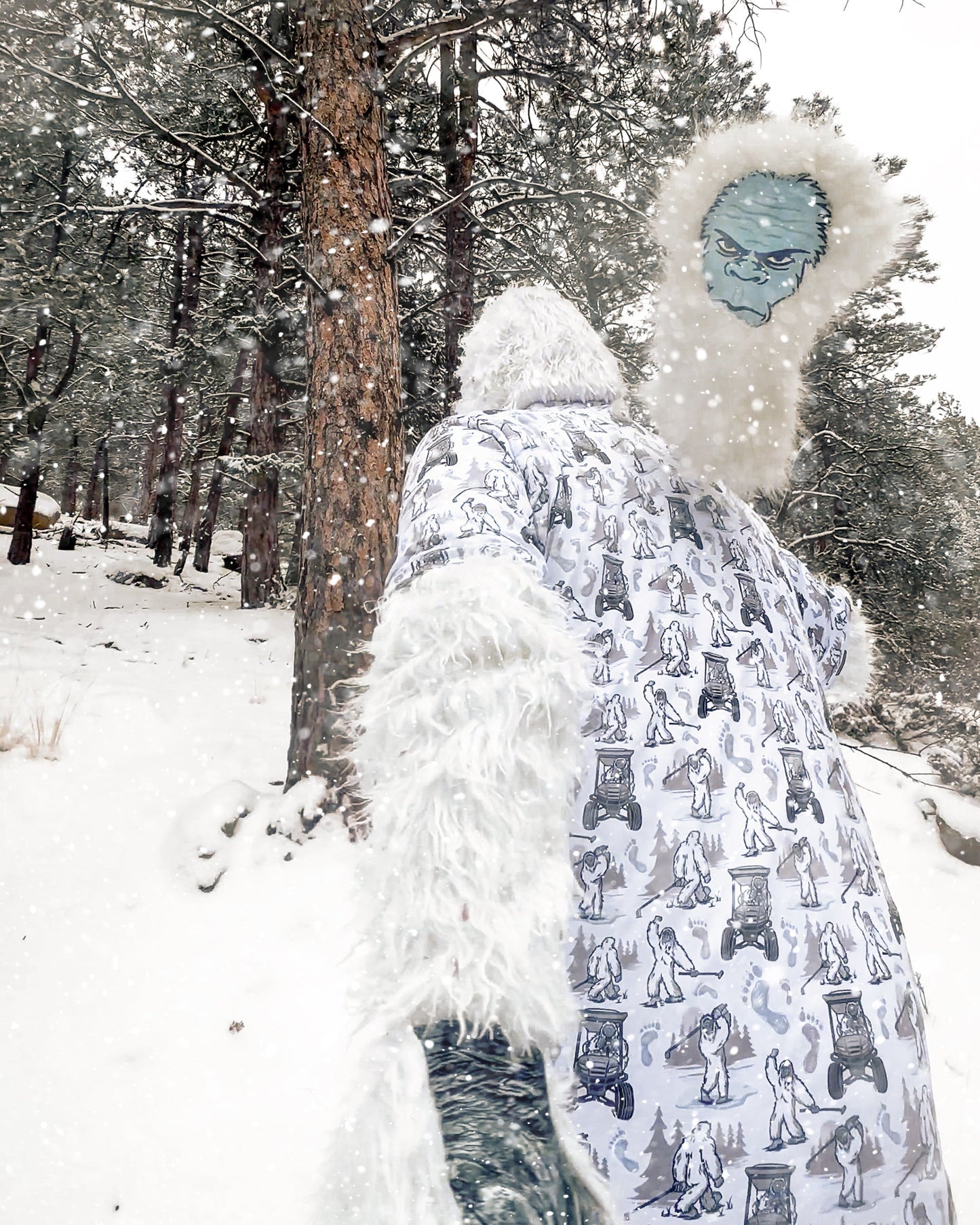 Alt text: Yeti driver cover with a blue and gray design featuring a plush, cartoonish yeti character, designed to fit over golf club drivers.